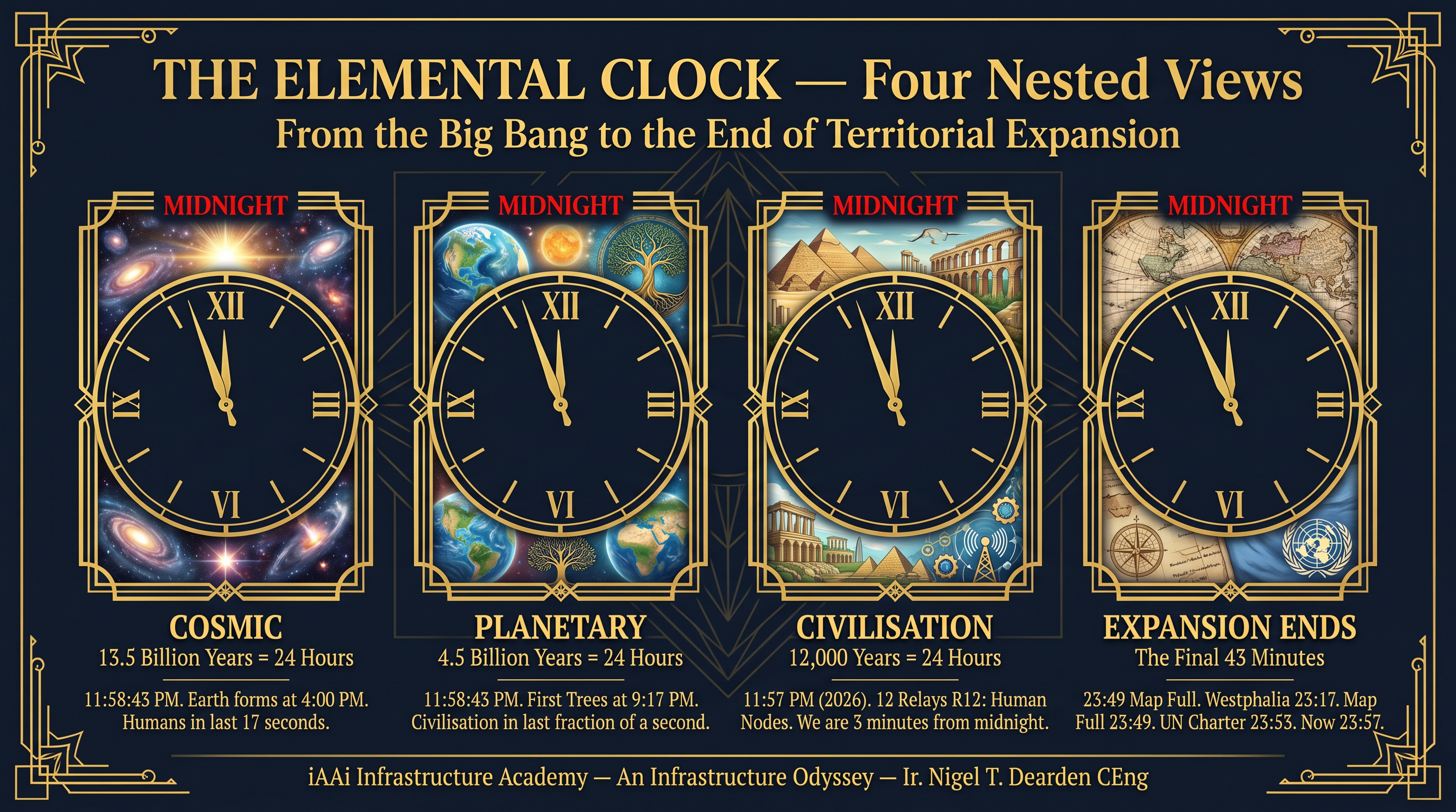 The Elemental Clock — Four Nested Views: Cosmic, Planetary, Civilisation, Expansion Ends